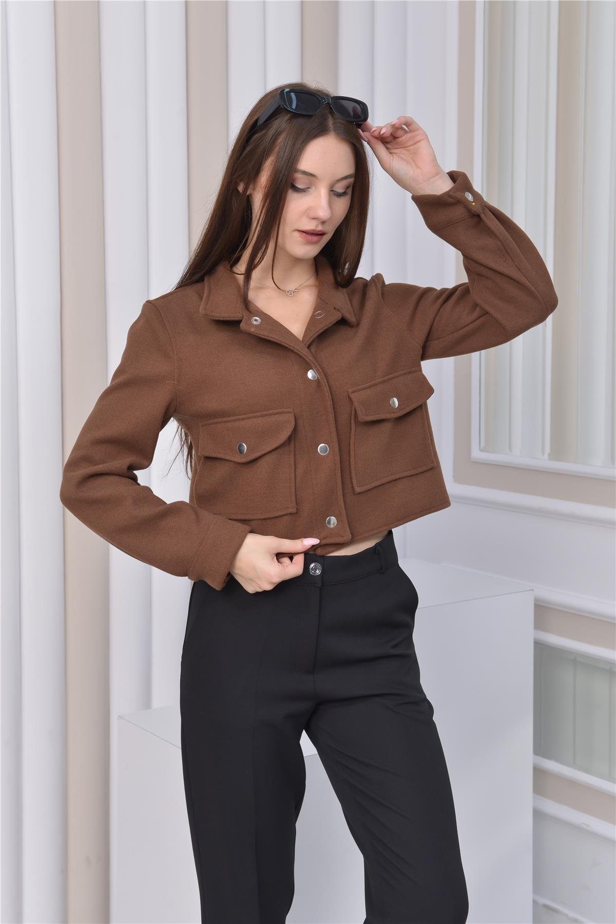 Yeni Sezon Crop Model Kaşe Ceket Kahverengi