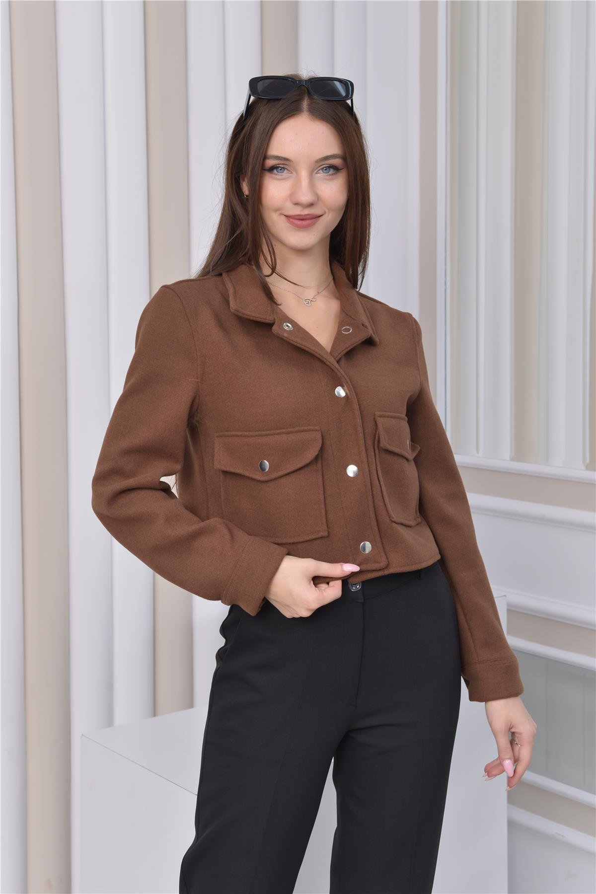 Yeni Sezon Crop Model Kaşe Ceket Kahverengi