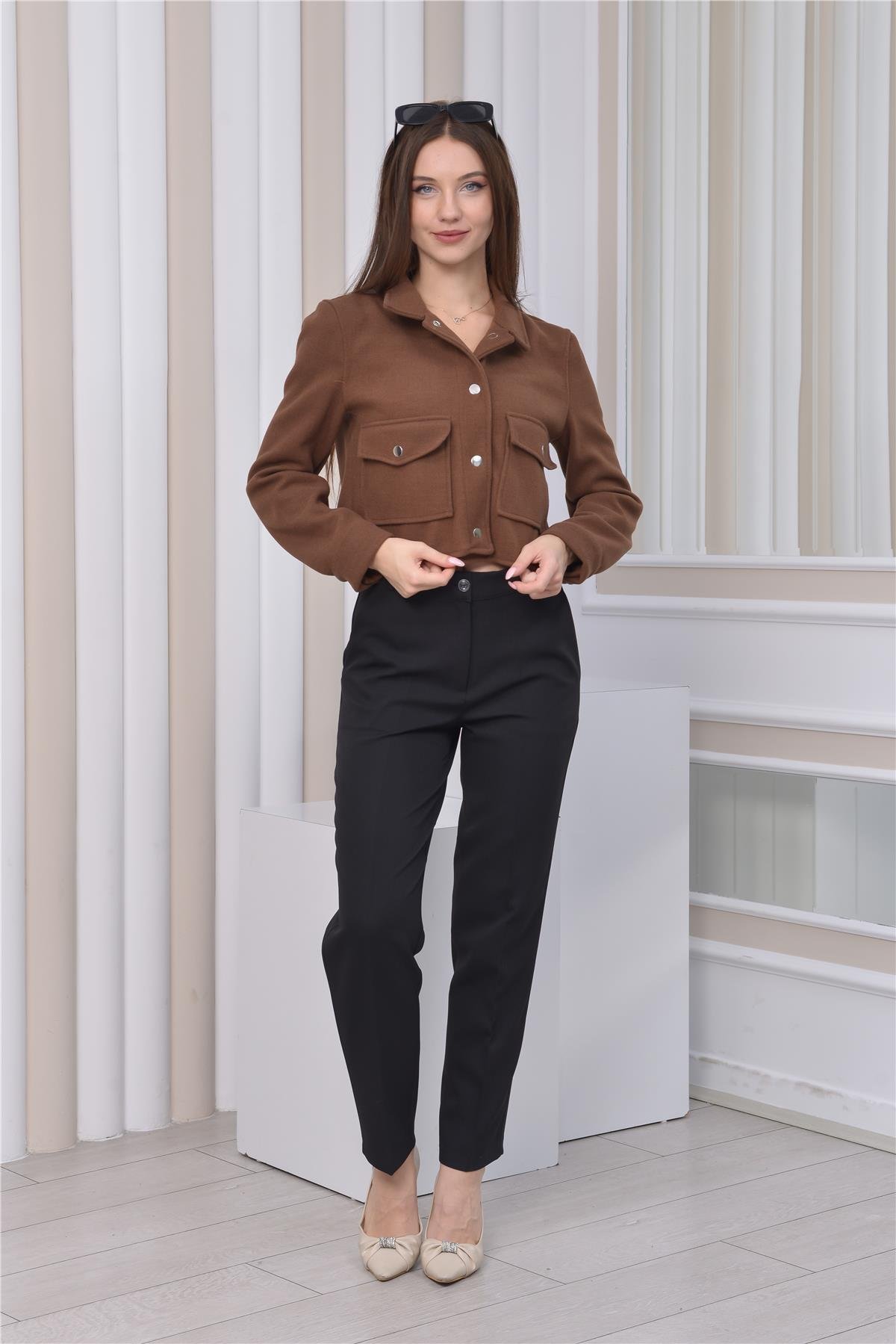Yeni Sezon Crop Model Kaşe Ceket Kahverengi