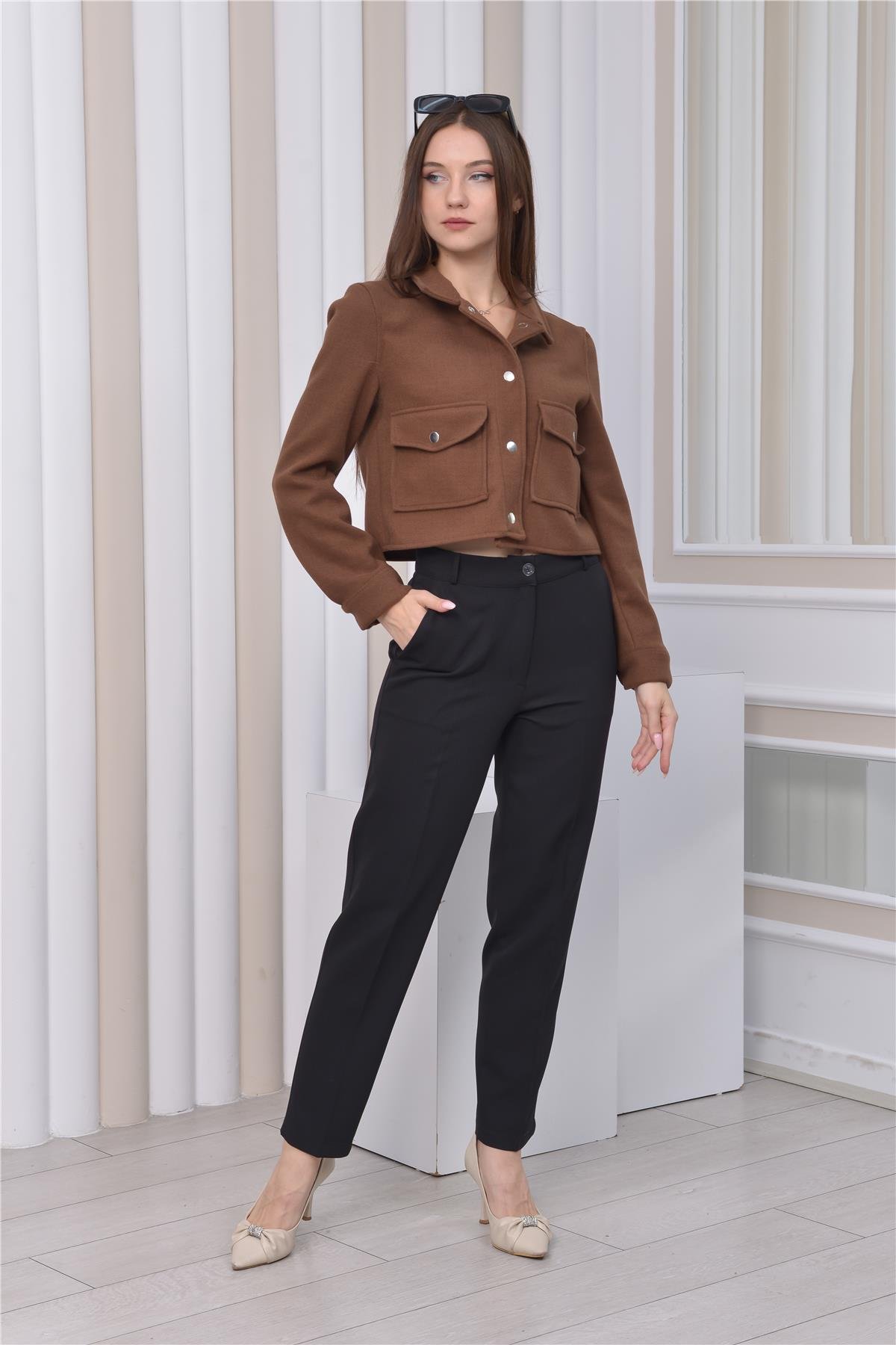 Yeni Sezon Crop Model Kaşe Ceket Kahverengi