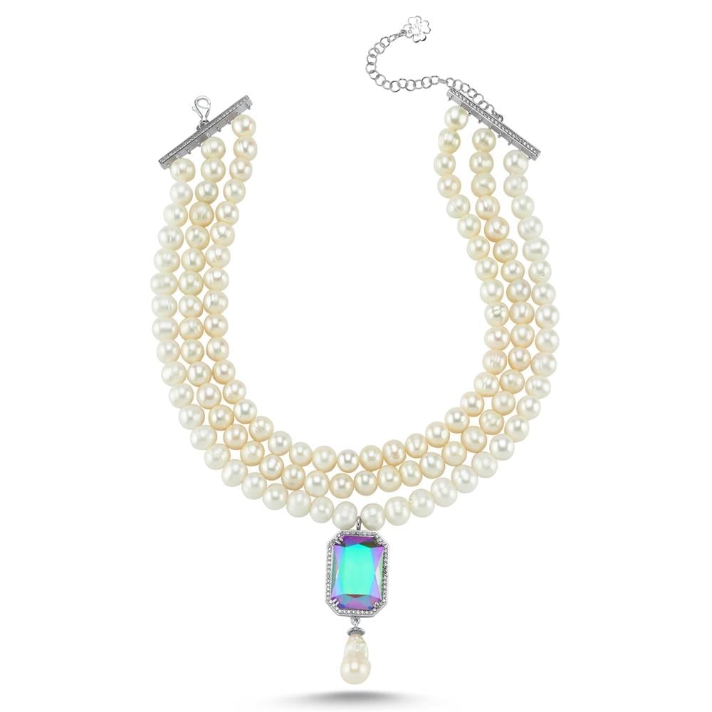 3 Sıra Swarovski Taşlı İnci Choker Kolye 