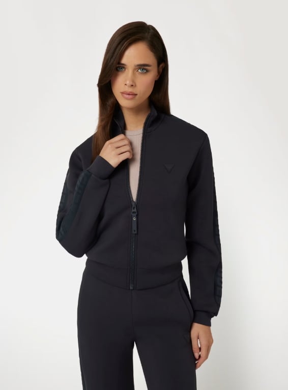 Omuzları Şerit Baskı Detaylı Fermuarlı Kadın Sweatshırt - JET BLACK
