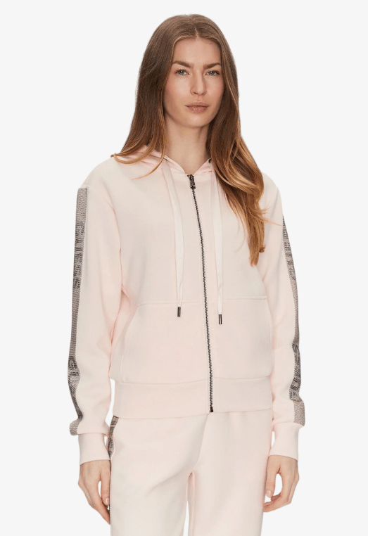Şerit Taş Detaylı Kapüşonlu Fermuarlı Kadın Sweatshırt - LOW KEY PINK