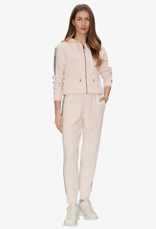 Şerit Taş Detaylı Kapüşonlu Fermuarlı Kadın Sweatshırt - LOW KEY PINK