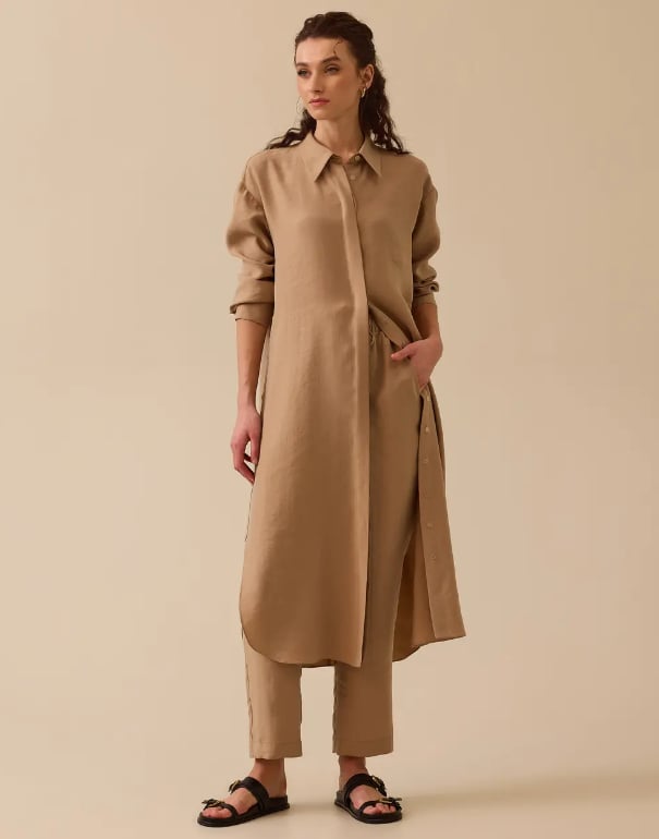 Yan Düğme Detaylı Uzun Tunik - CAMEL