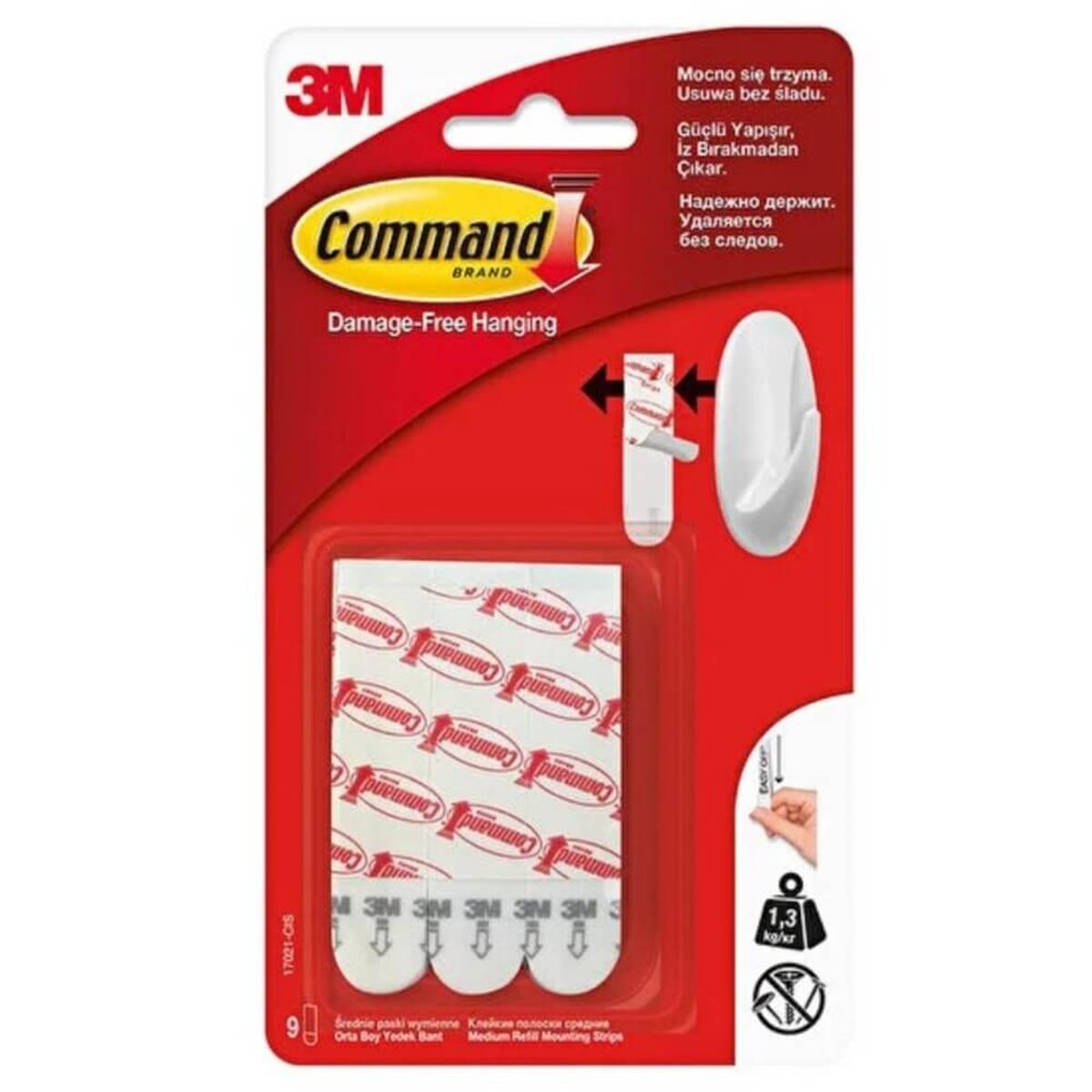 3M™ Command™ 17021P-CIS Orta Boy Yedek Bant, Max 1,3 kg (9 Orta Boy Cırt Bant)