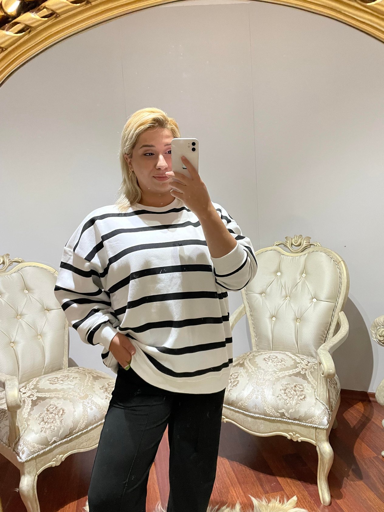 Siyah çizgili bisiklet yaka şardonlu Sweat 