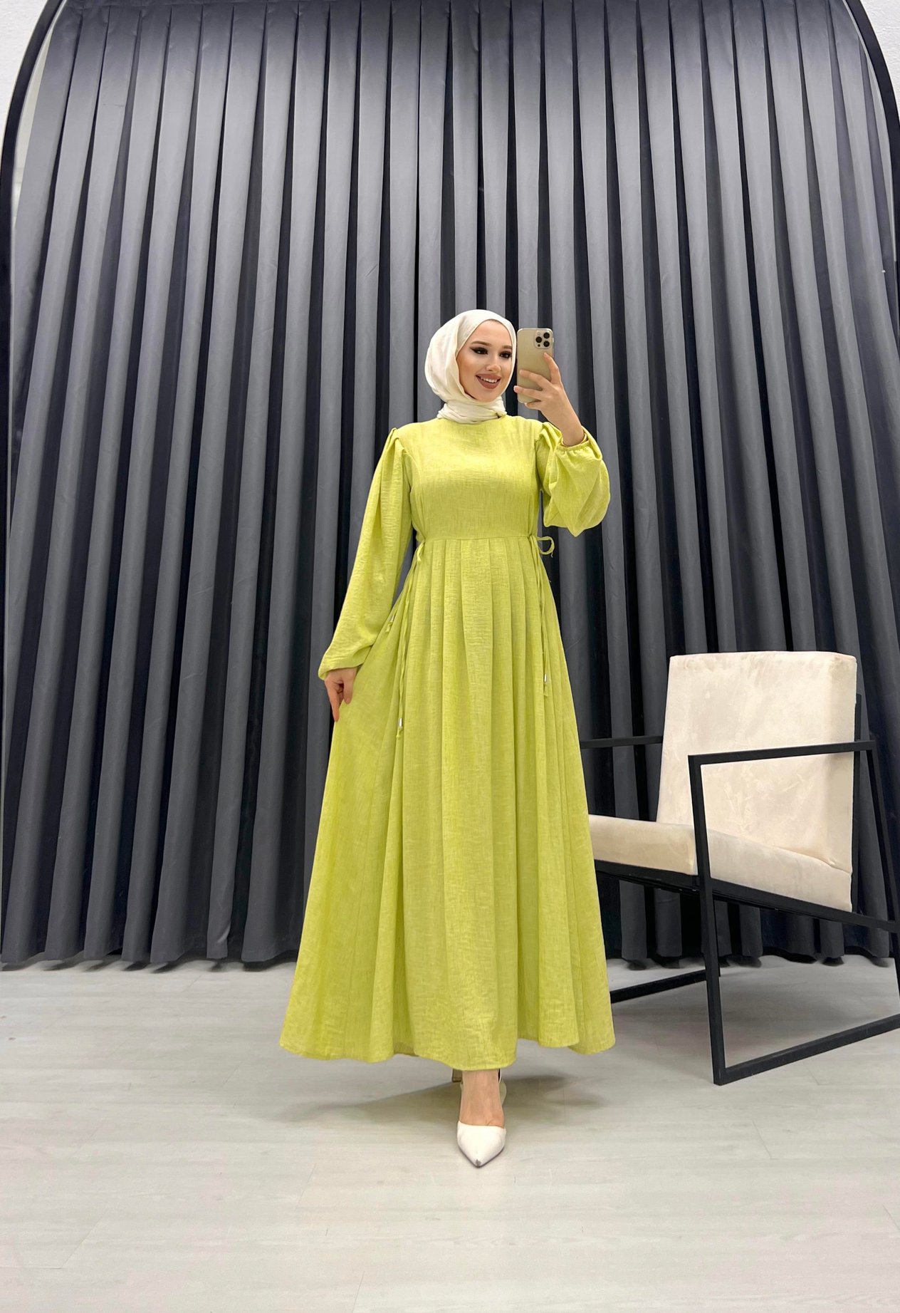 BELDEN BAĞLAMALI KETEN ELBİSE FISTIK YEŞİLİ