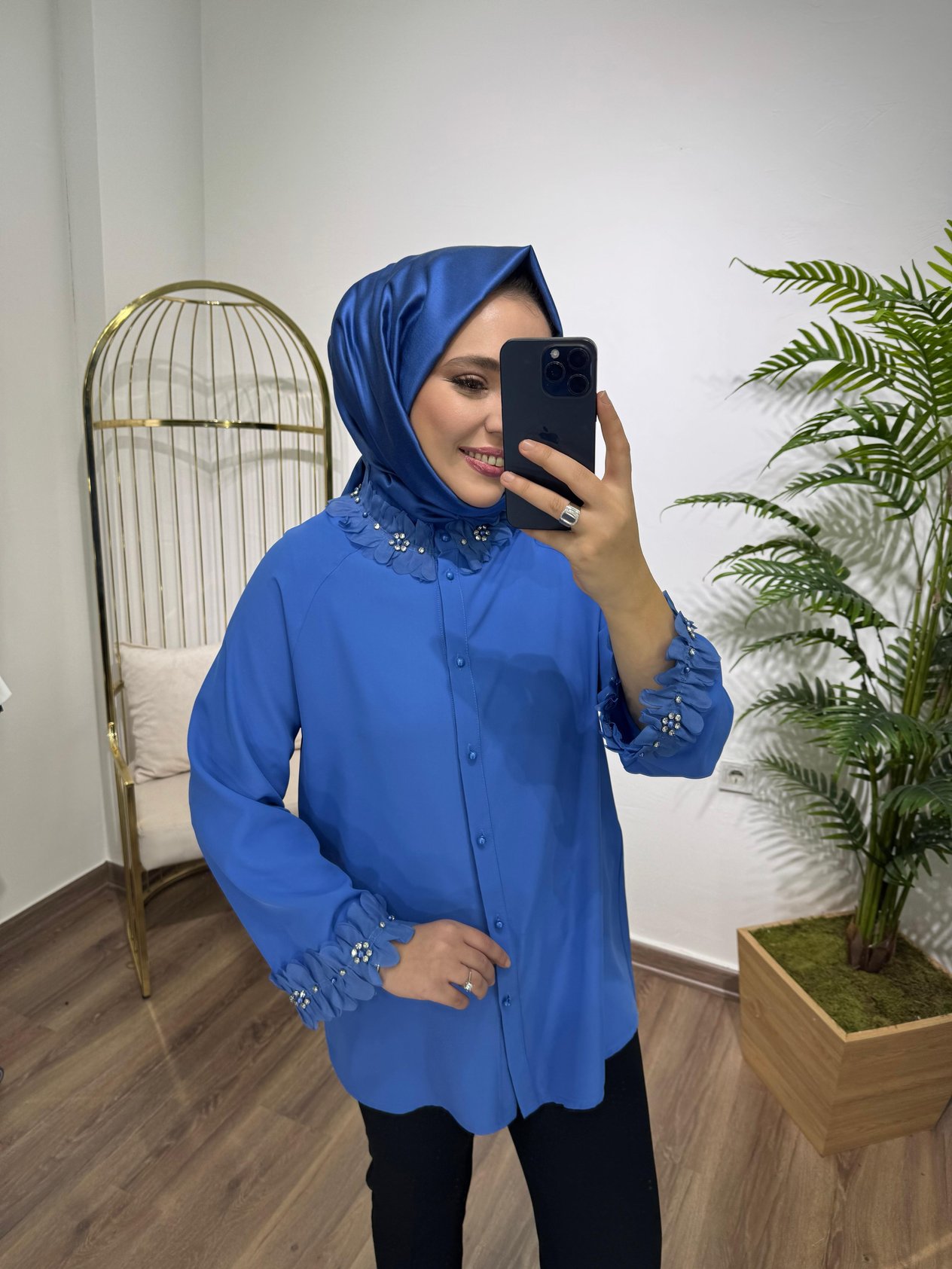 İncili Gömlek Saks Mavi