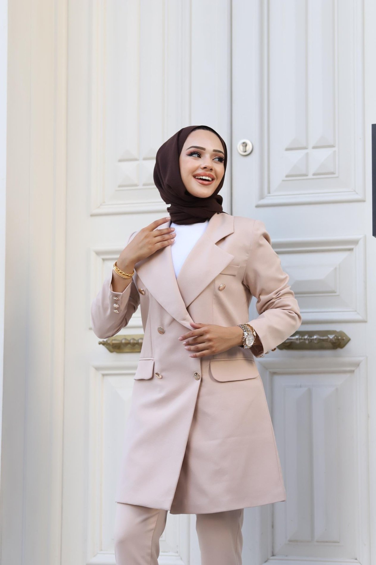 Vücuda Oturan Kruvaze Blazer Takım Uzun- TAŞ