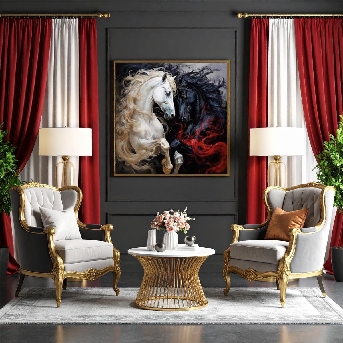 Double Horse 105x105 Cm Canvas Tablo Siyah