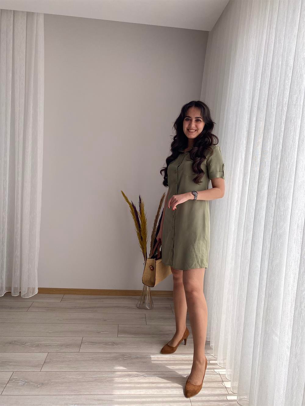 HAKİ GÖMLEK YAKA CEPLİ ELBİSE