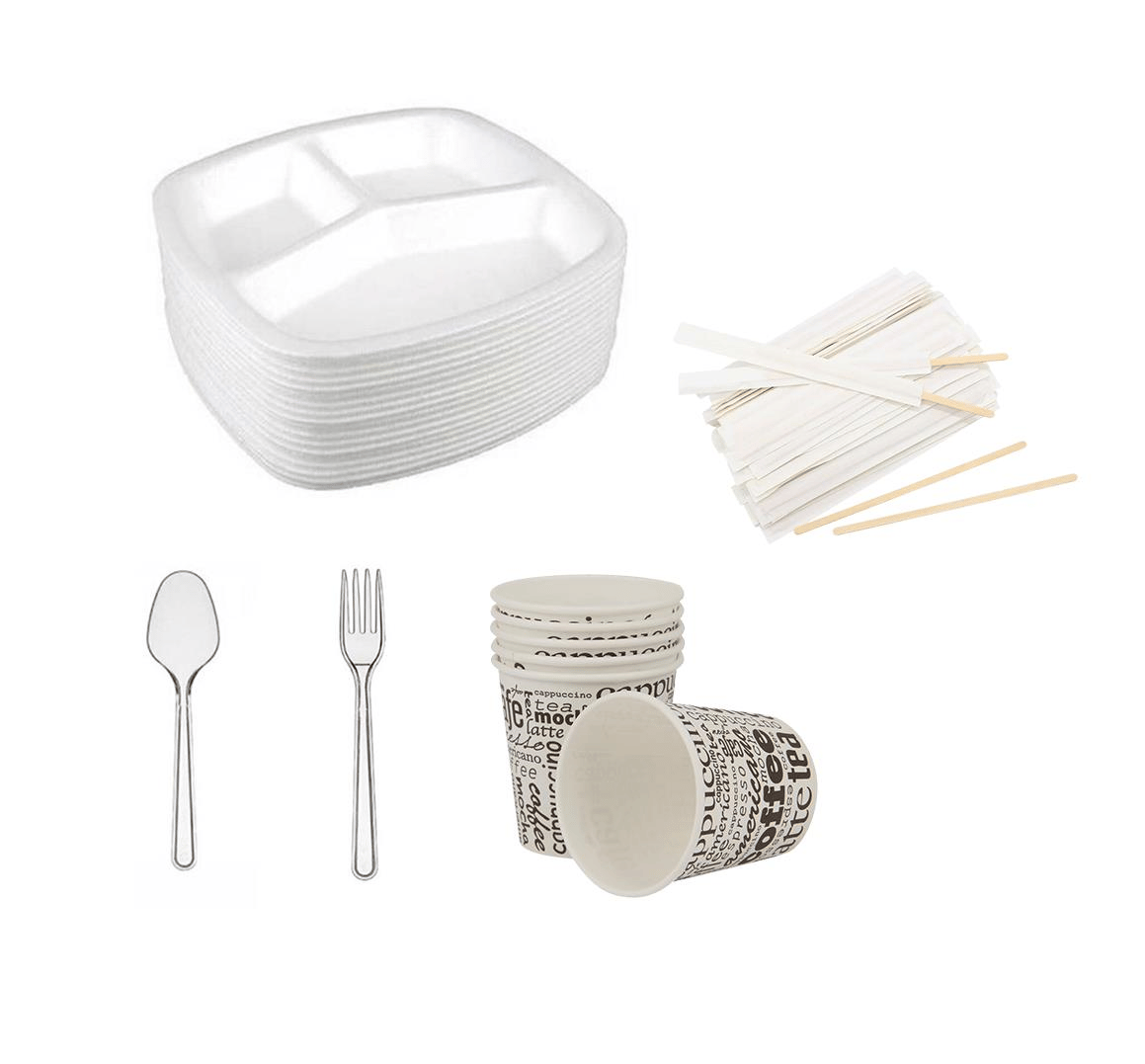 TEZYOLLA 3 Gözlü Köpük Tabak + Karton Bardak + Kaşık + Çatal + Karıştırıcı 5 Li SET 25 Adet