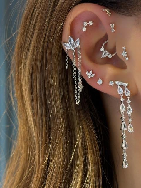 Paiz Silver Üç Taşlı Zincirli Küpe 