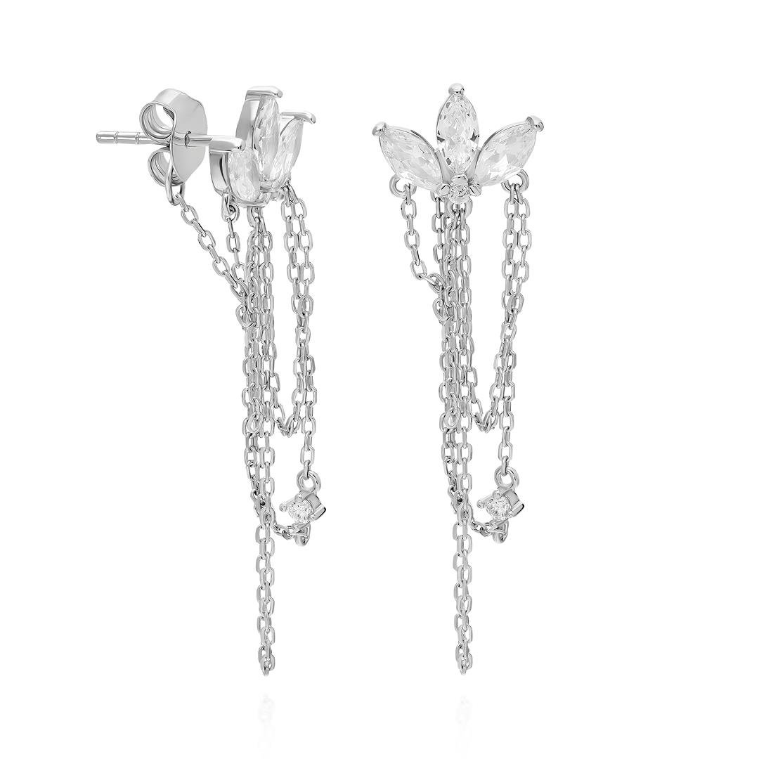 Paiz Silver Üç Taşlı Zincirli Küpe 