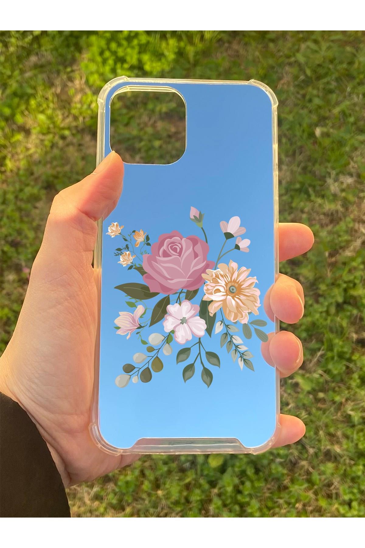 İphone 12 Uyumlu Aynalı Pembe Gül Desenli Darbe Kamera Korumalı Silikon Telefon Kılıfı