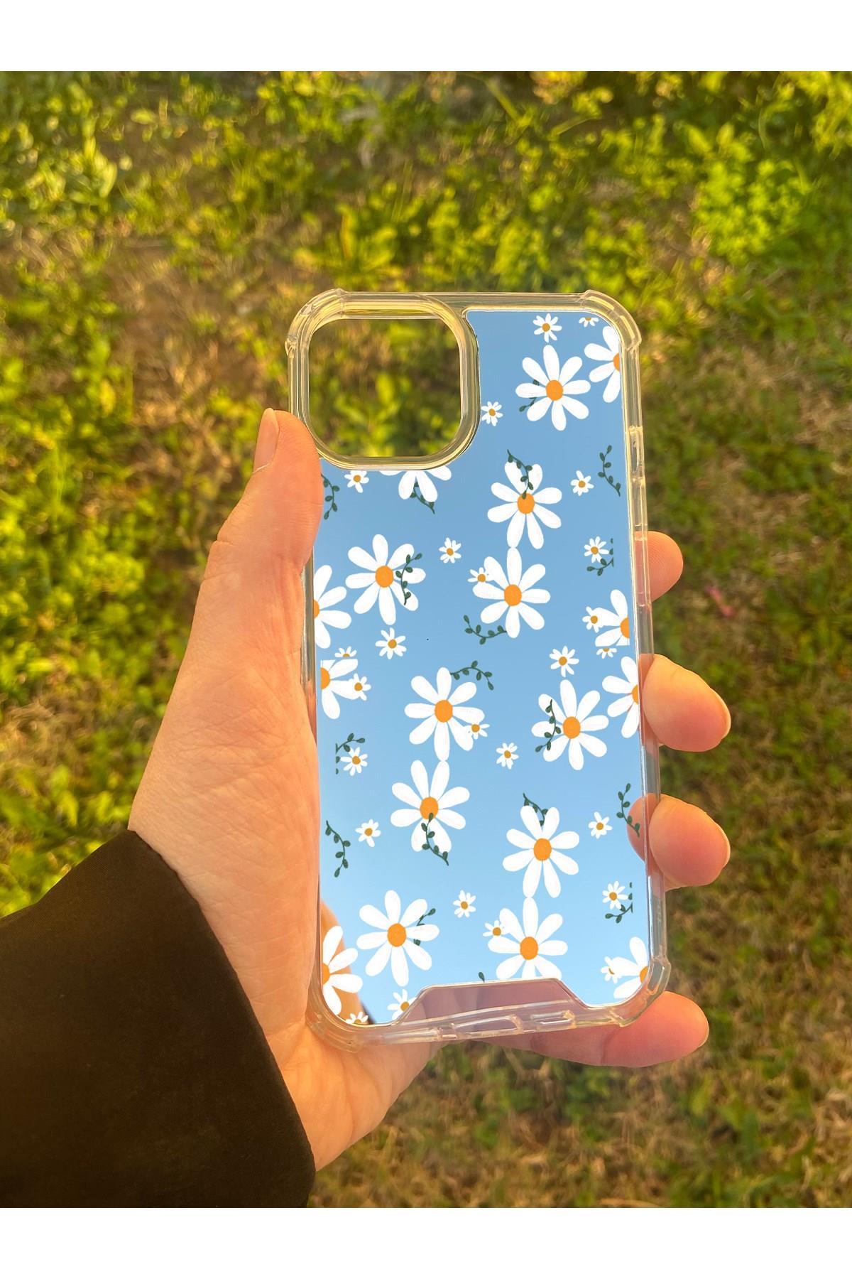 İphone 13 Uyumlu Aynalı Papatya Desenli Darbe Kamera Korumalı Silikon Telefon Kılıfı