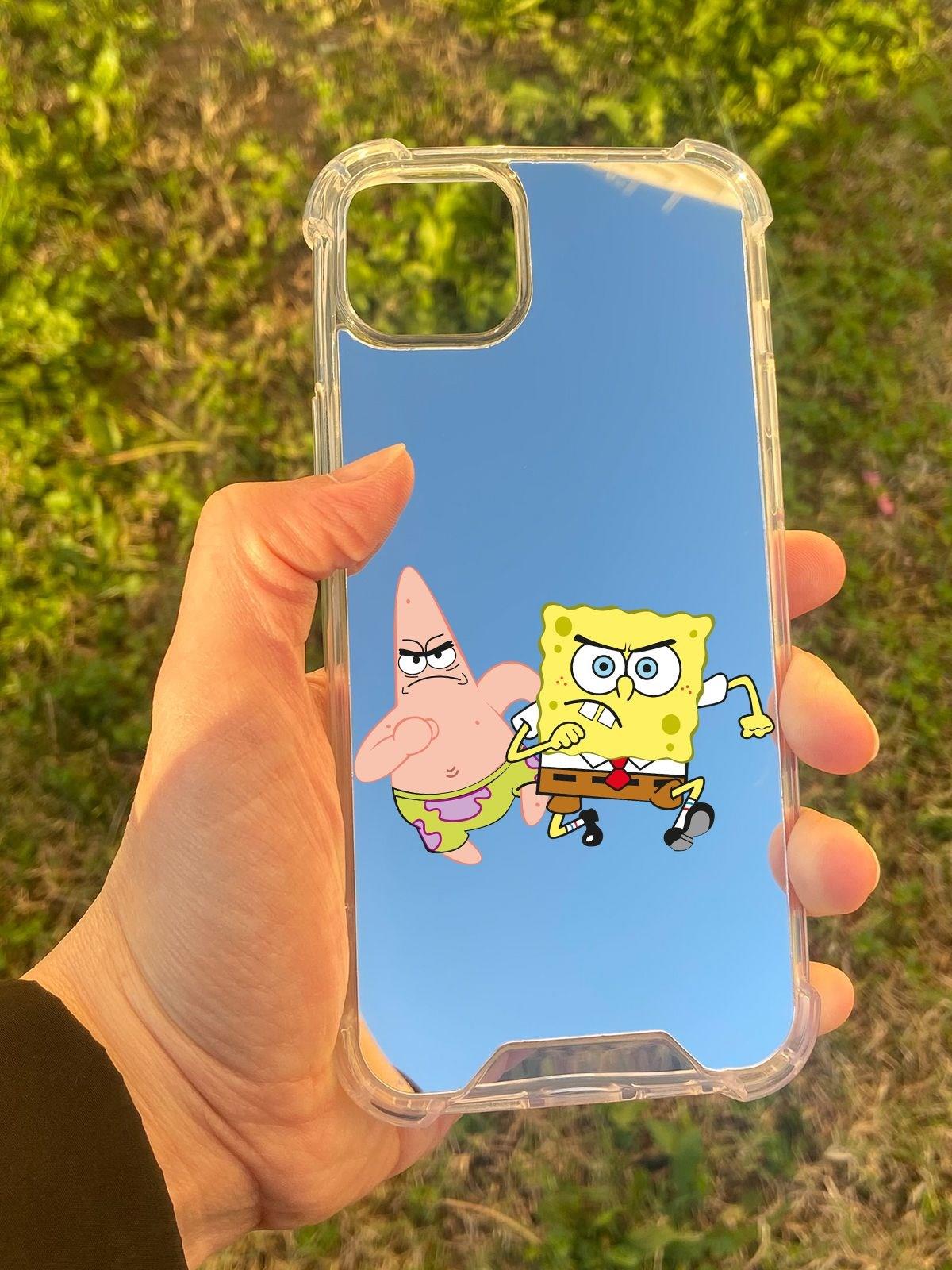 İphone 14 Plus Uyumlu Aynalı Sünger Bob Desenli Darbe Kamera Korumalı Silikon Telefon Kılıfı