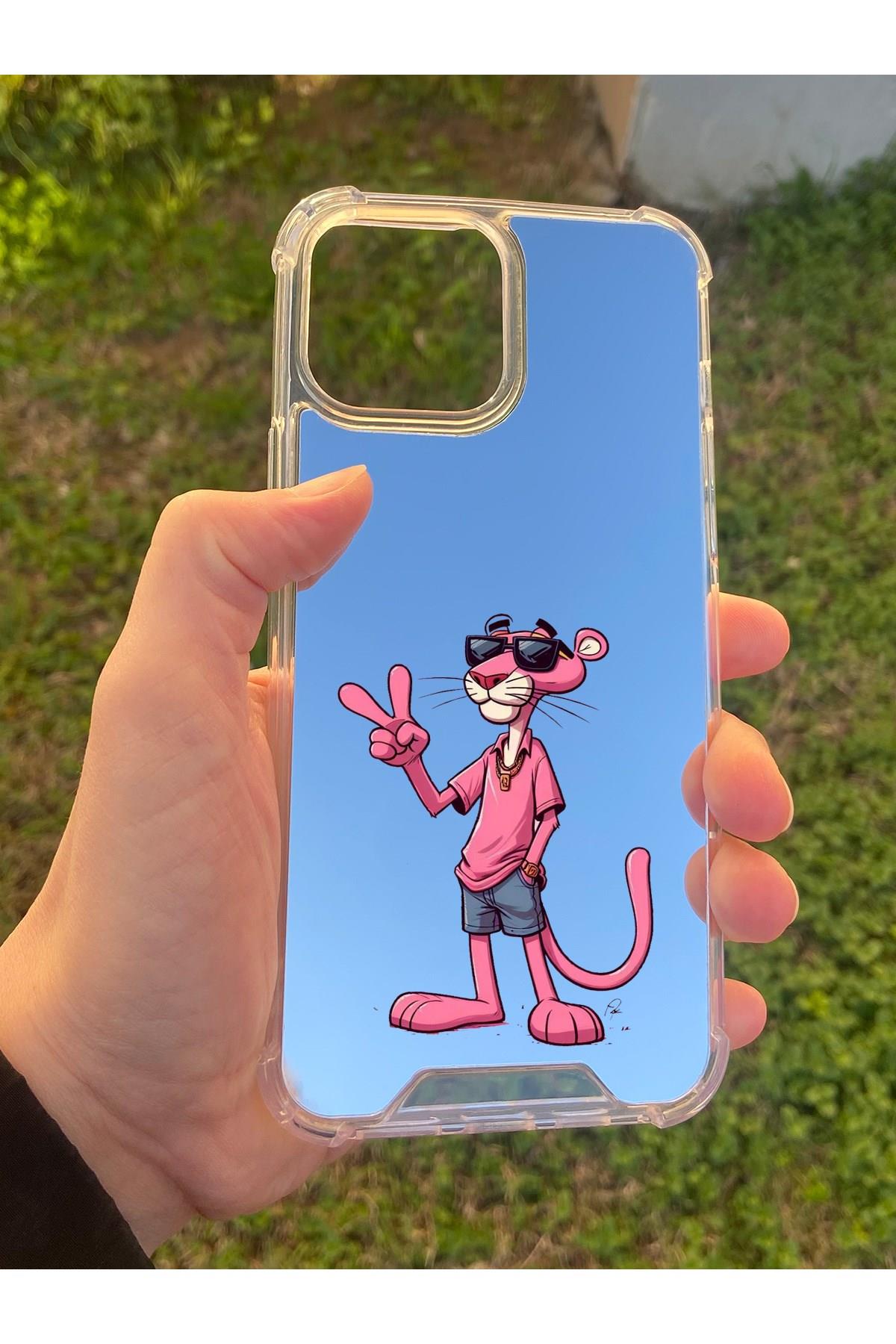İphone 14 Pro Max Uyumlu Aynalı Pembe Panter Desenli Darbe Kamera Korumalı Silikon Telefon Kılıfı