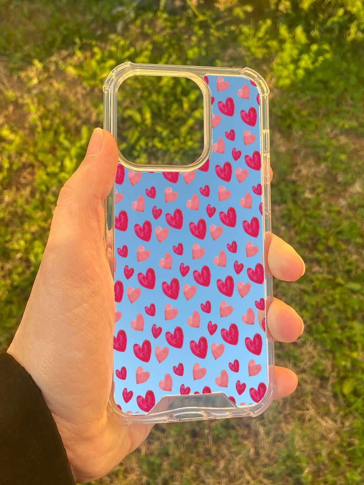 İphone 14 Pro Uyumlu Aynalı Kalp Desenli Darbe Kamera Korumalı Silikon Telefon Kılıfı