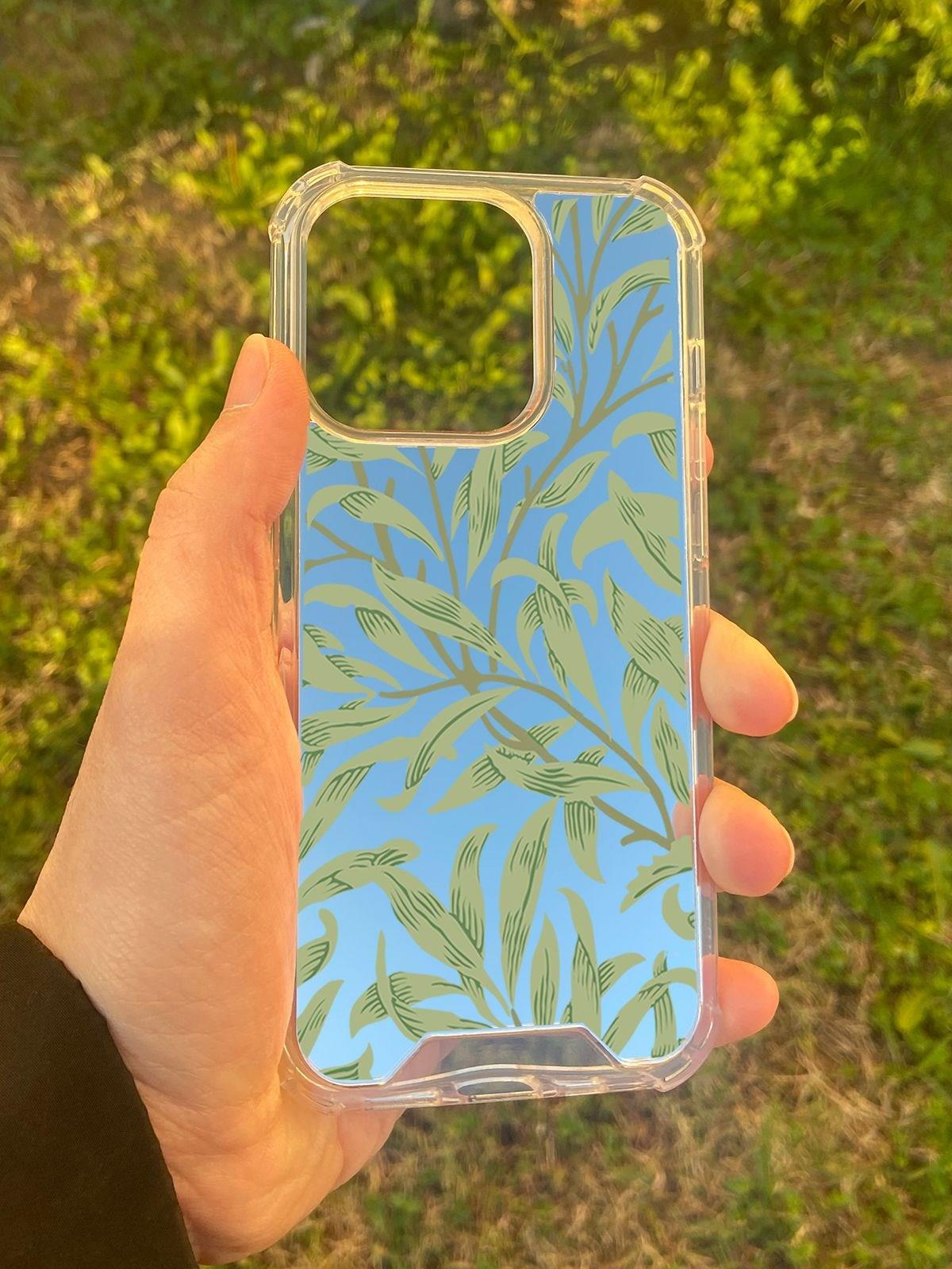 İphone 14 Pro Uyumlu Aynalı Yeşil Yaprak Desenli Darbe Kamera Korumalı Silikon Telefon Kılıfı