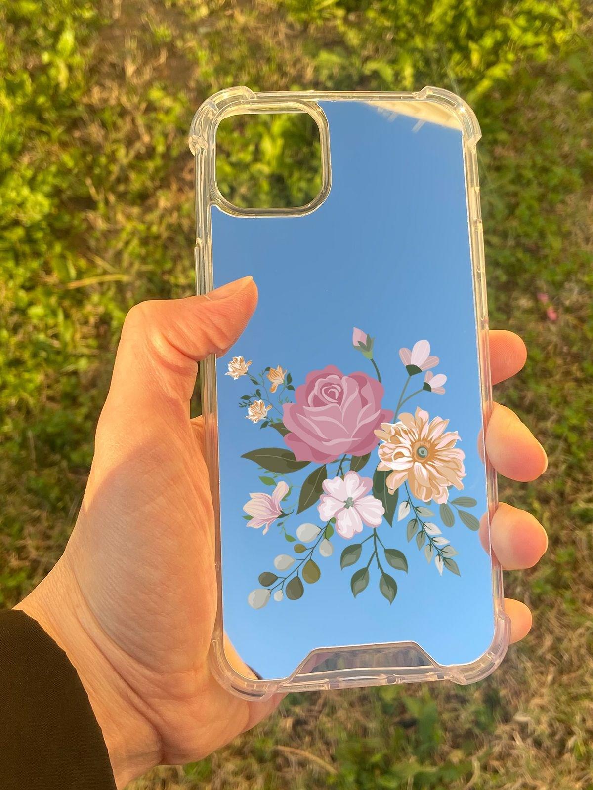 İphone 15 Plus Uyumlu Aynalı Pembe Gül Desenli Darbe Kamera Korumalı Silikon Telefon Kılıfı