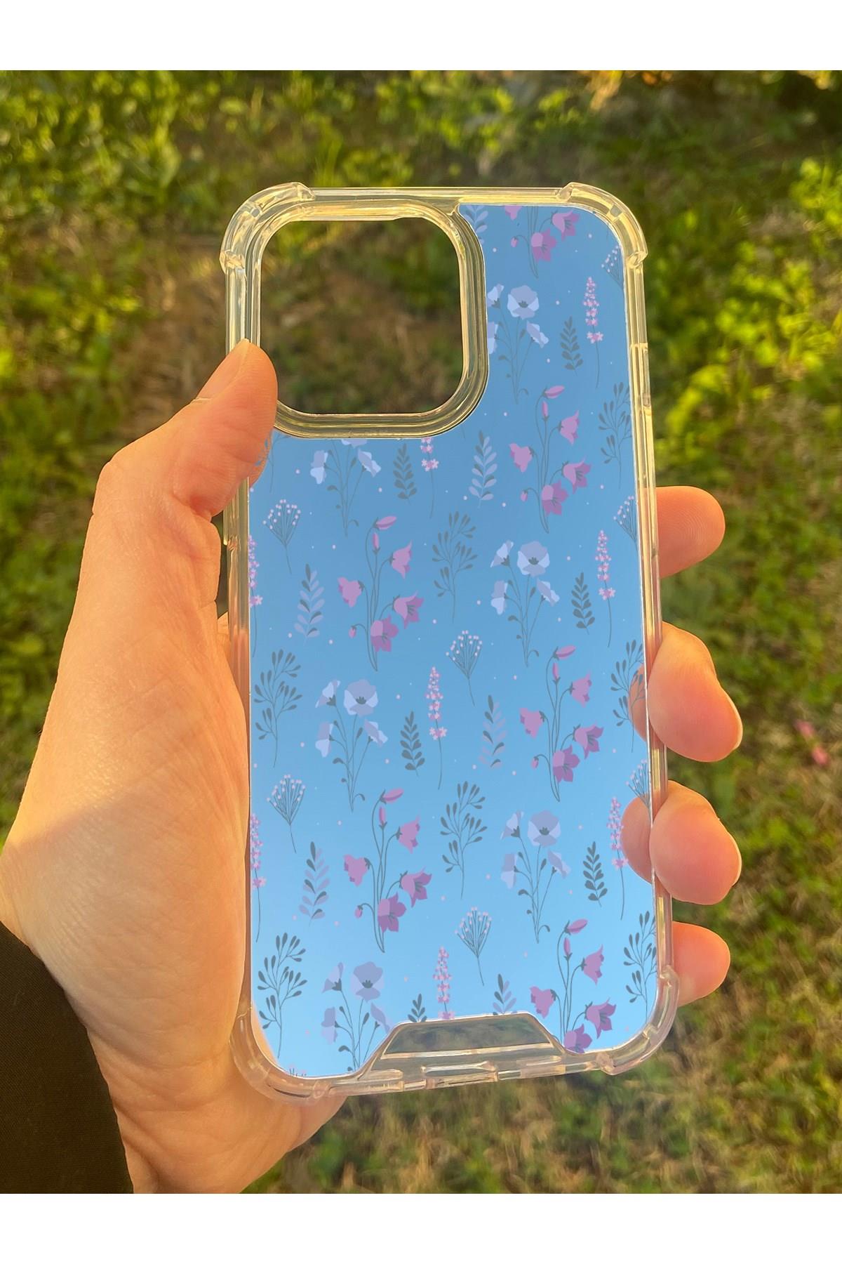 İphone 15 Pro Uyumlu Aynalı Mor Çiçek Desenli Darbe Kamera Korumalı Silikon Telefon Kılıfı