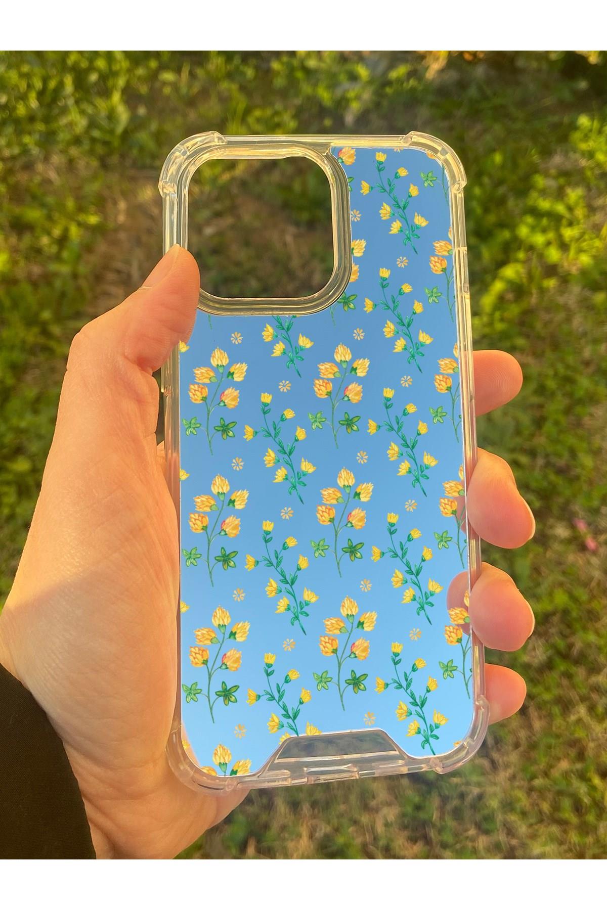 İphone 15 Pro Uyumlu Aynalı Sarı Çiçek Desenli Darbe Kamera Korumalı Silikon Telefon Kılıfı