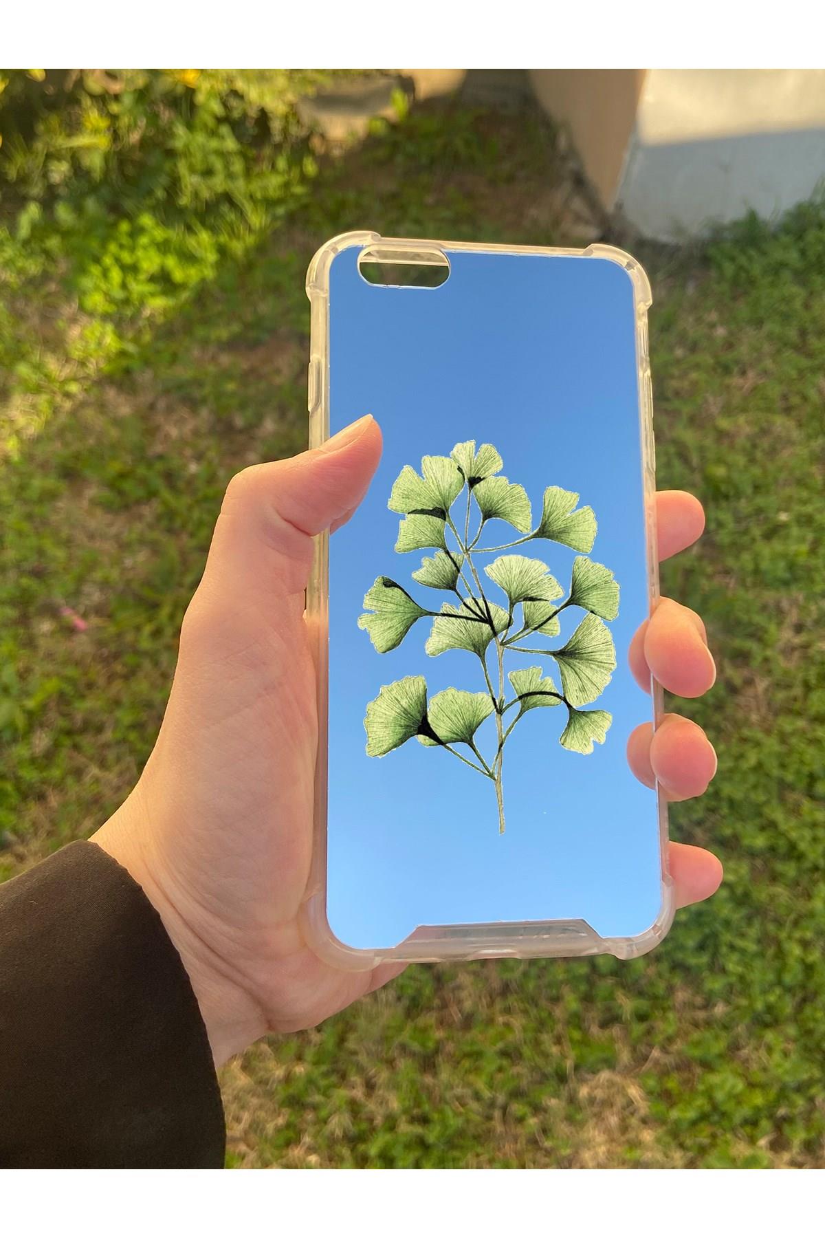 İphone 6 Plus Uyumlu Aynalı Ginkgo Desenli Darbe Kamera Korumalı Silikon Telefon Kılıfı