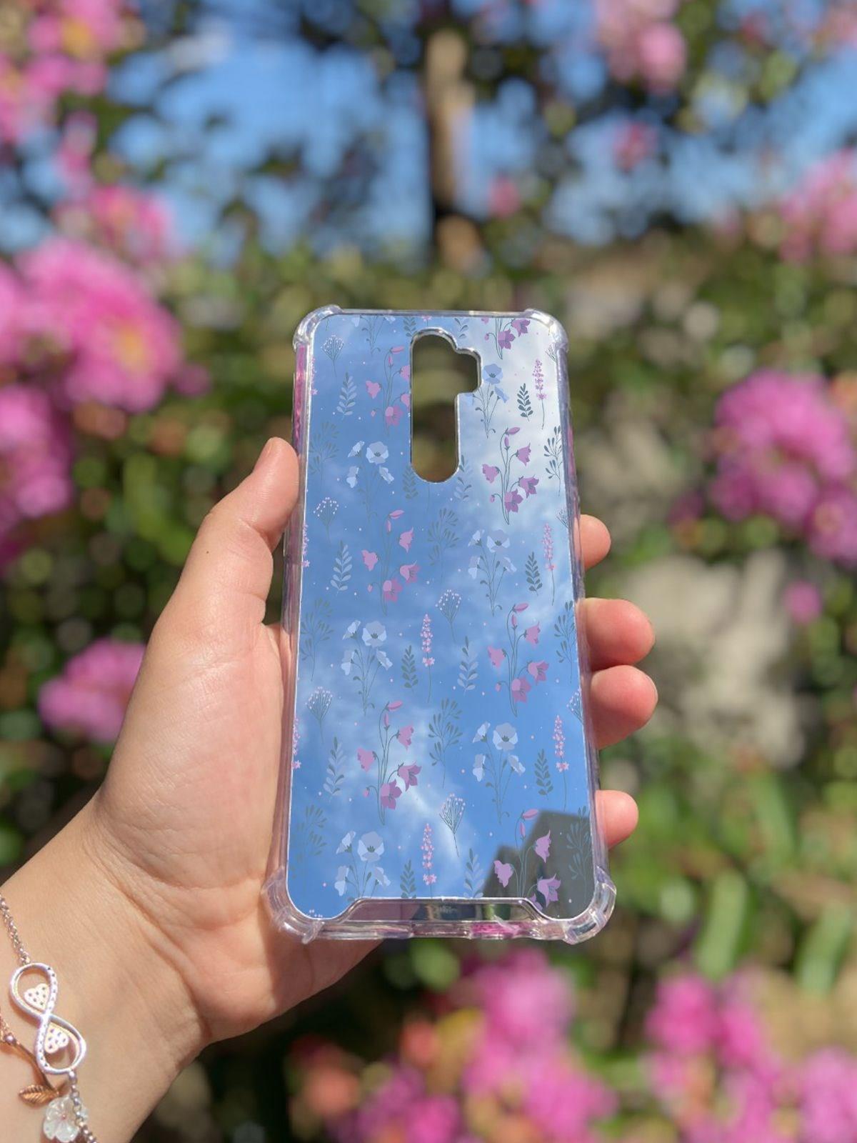 Oppo A9 2020  Uyumlu Aynalı Mor Çiçek Desenli Darbe Kamera Korumalı Silikon Telefon Kılıfı