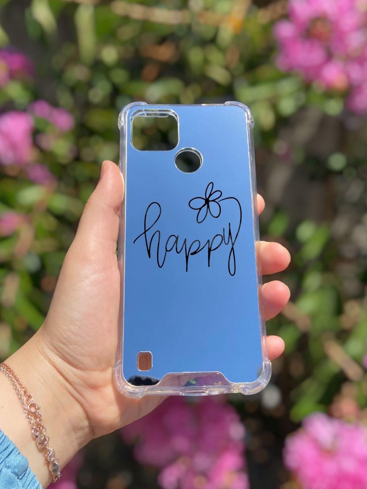 Realme C21 Uyumlu Aynalı Happy Desenli Darbe Kamera Korumalı Silikon Telefon Kılıfı