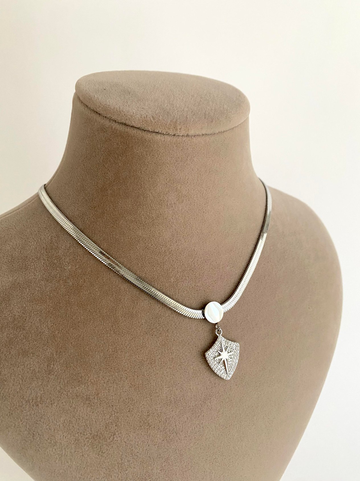 Kuzey Yıldızı Kalkan Uçlu İtalyan Ezme Zincir Çelik Kolye - Silver
