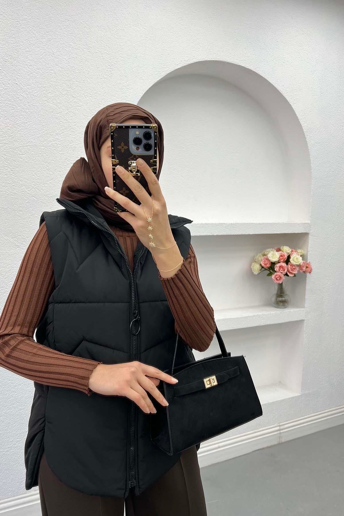 Asimetrik Kesim Şişme Yelek Siyah