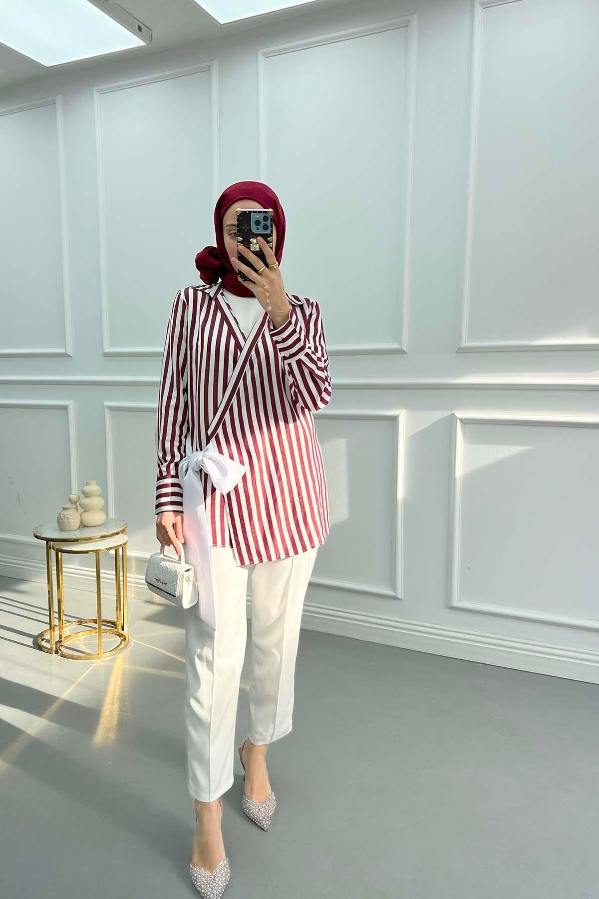 Bağlama Detaylı Çizgili Kimono Bordo