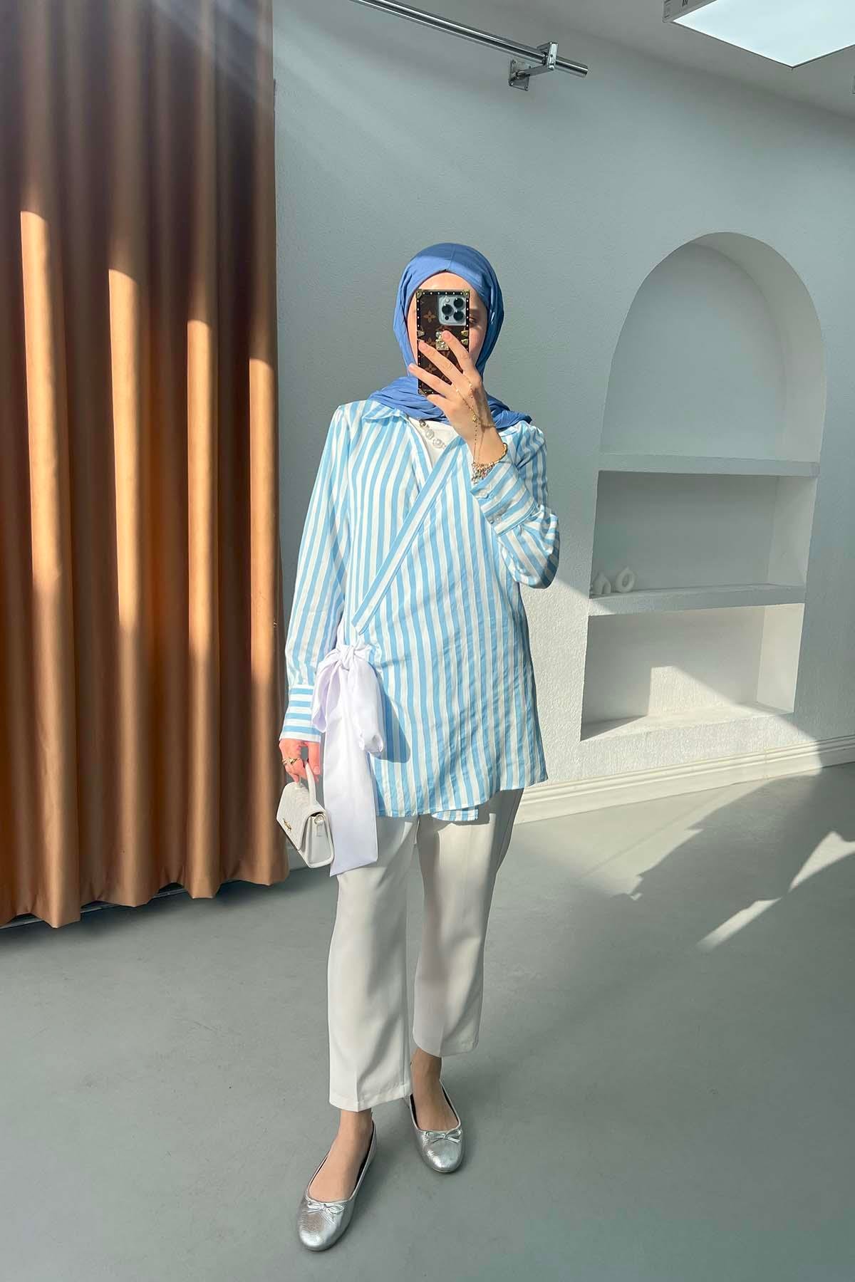 Bağlama Detaylı Çizgili Kimono Mavi