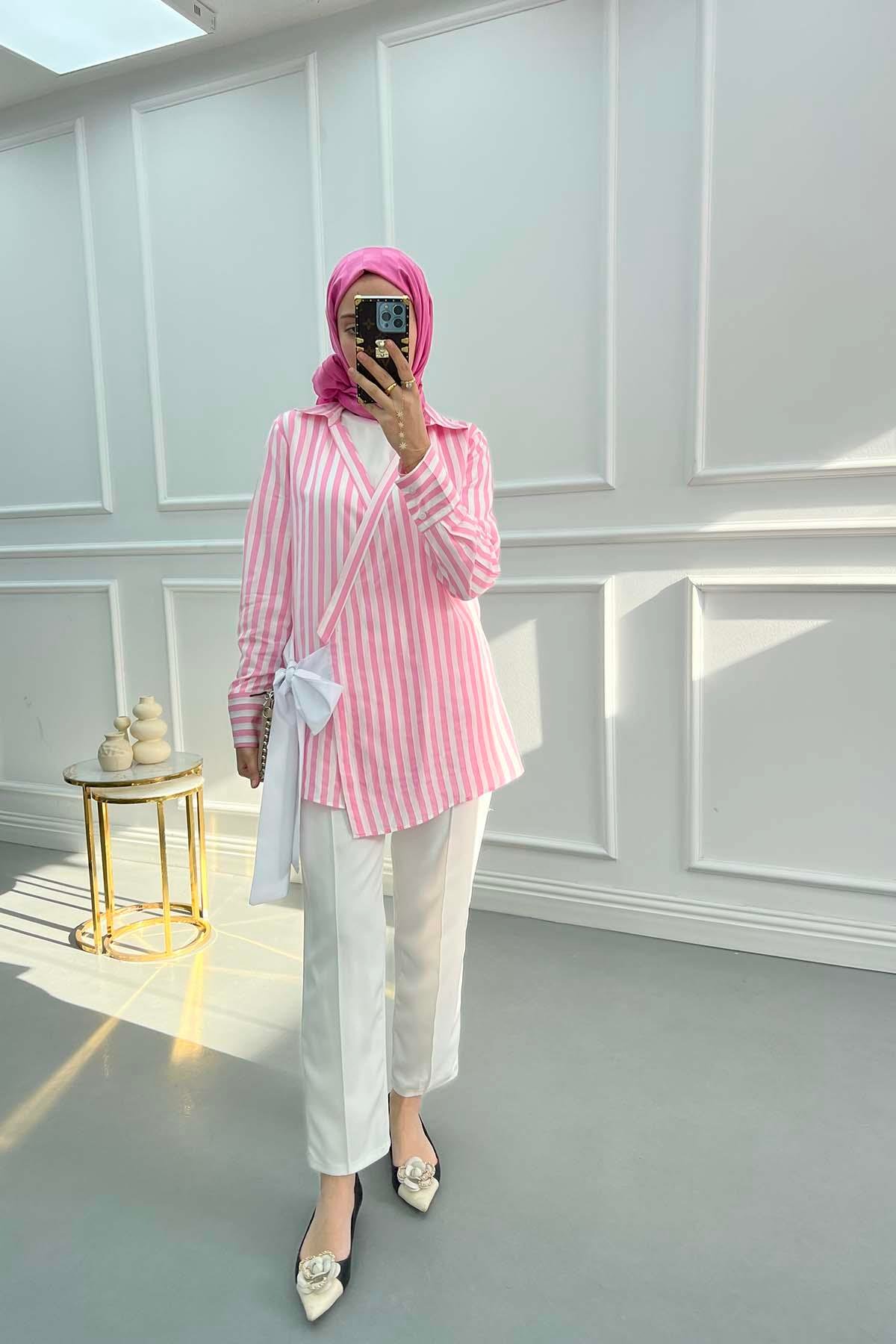 Bağlama Detaylı Çizgili Kimono Pembe
