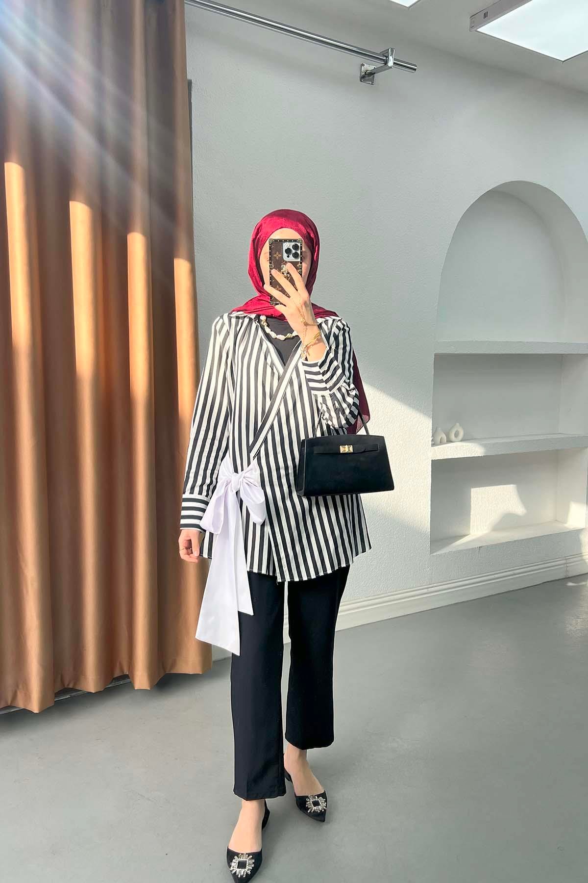 Bağlama Detaylı Çizgili Kimono Siyah