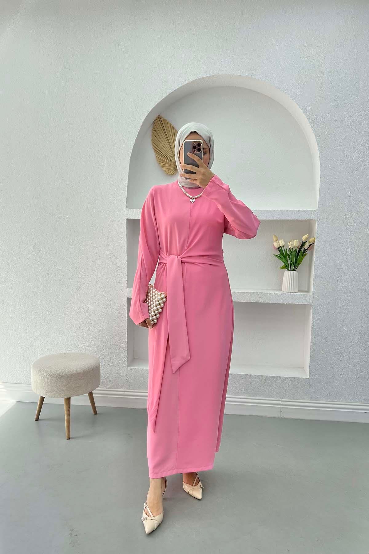 Bağlama Detaylı Elbise Pembe