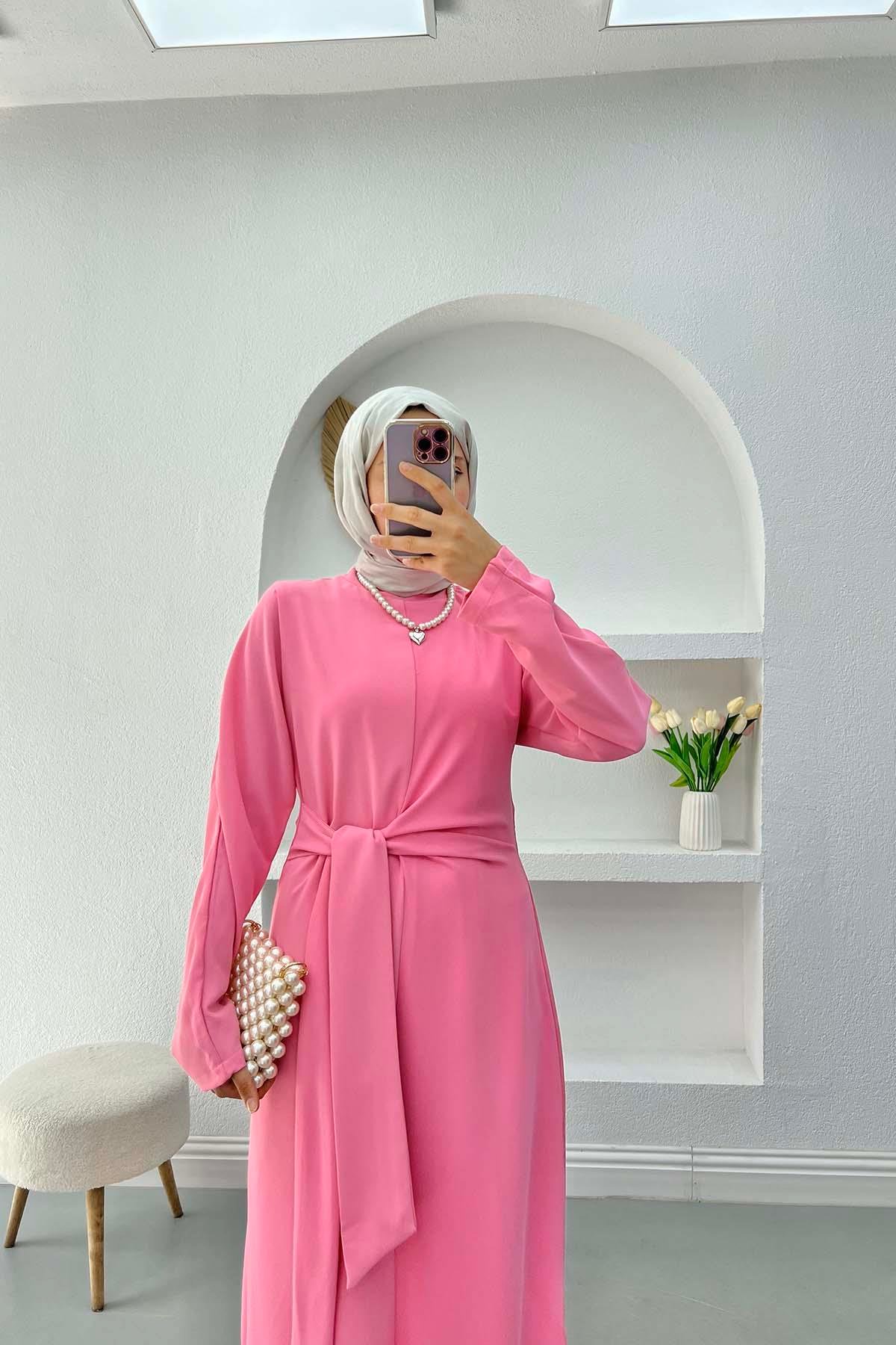 Bağlama Detaylı Elbise Pembe