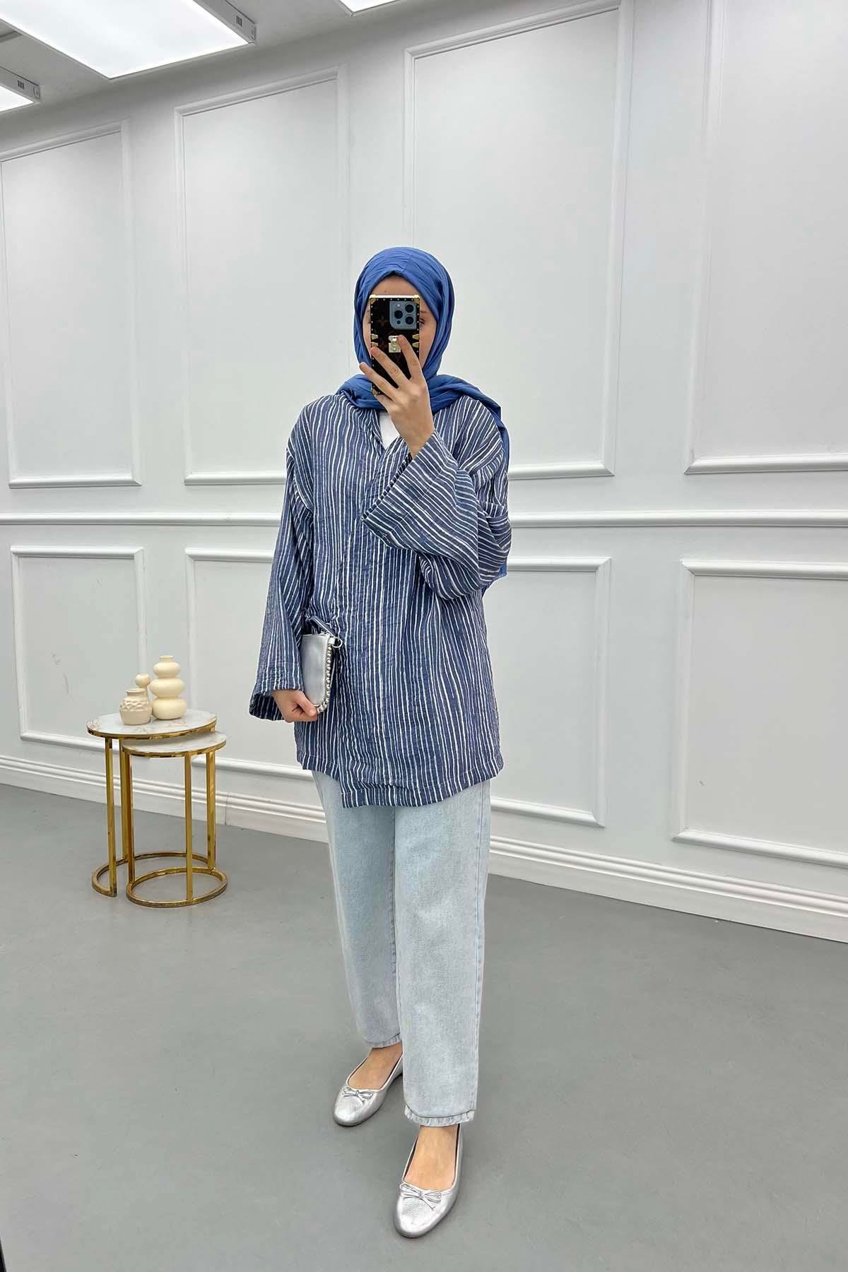 Bağlamalı Çizgili Kimono Lacivert