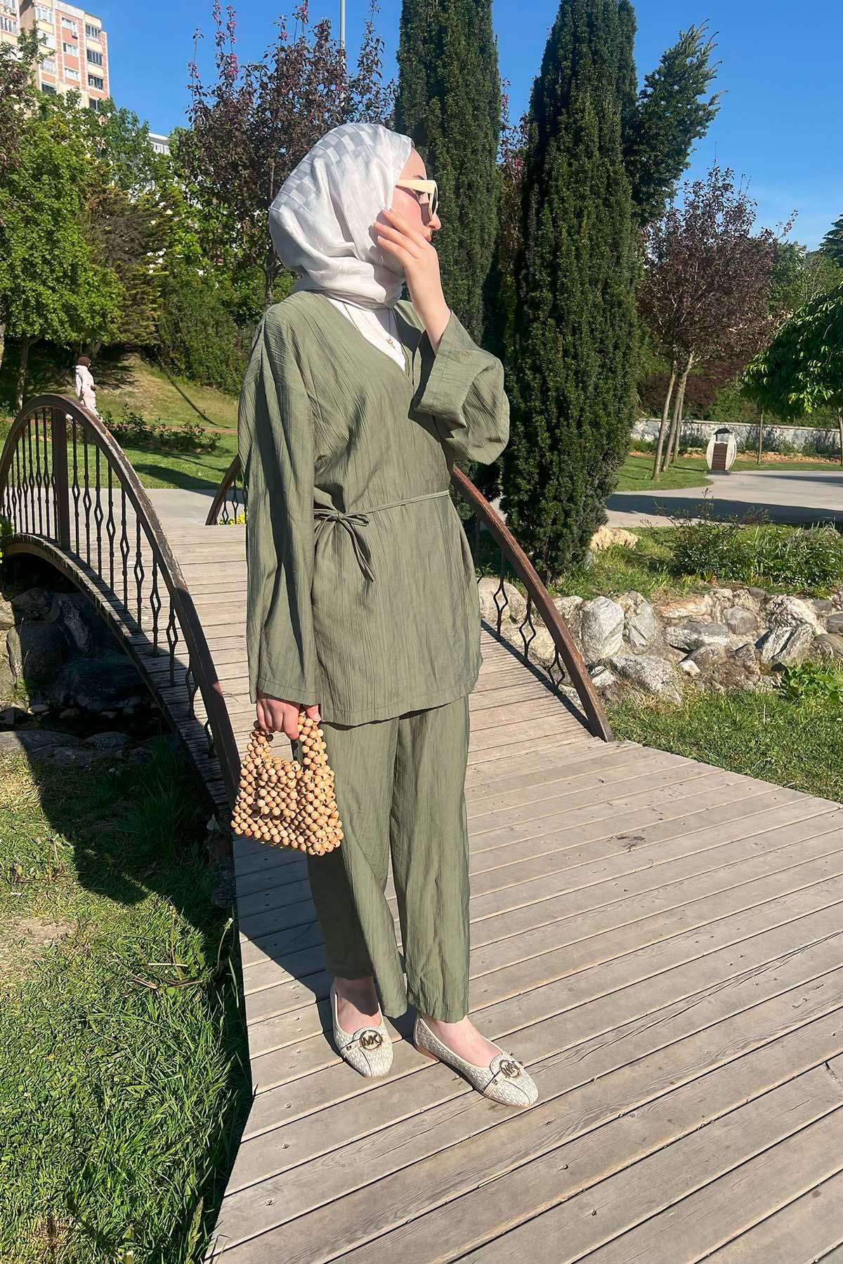 Bağlamalı Kimono Çilek Takım Yeşil
