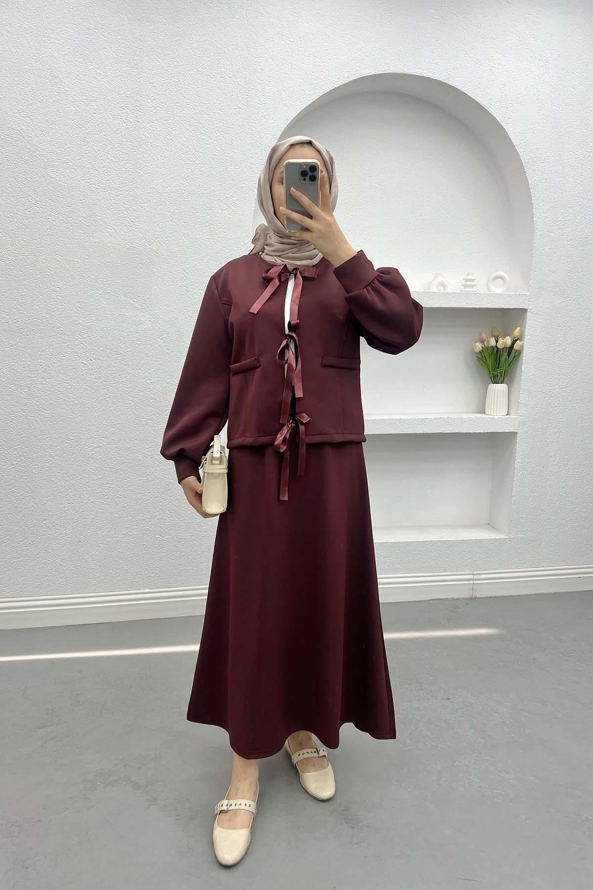 Bağlamalı Scuba Etek Takım Bordo