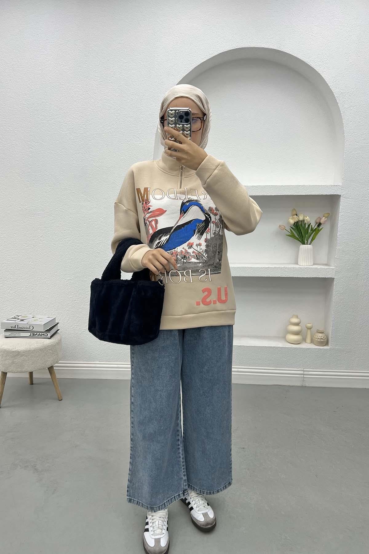 Baskılı Üç İplik Sweatshirt Bej