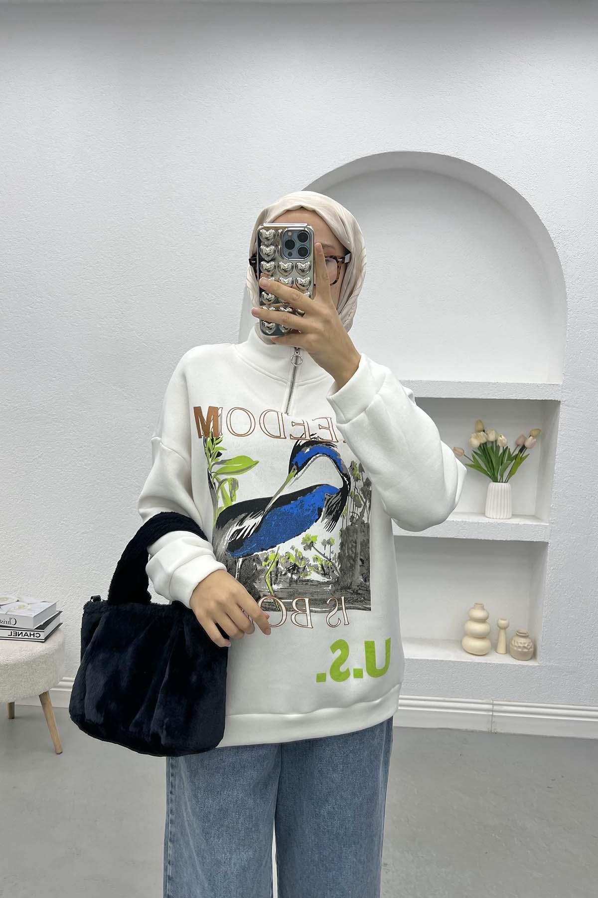 Baskılı Üç İplik Sweatshirt Beyaz