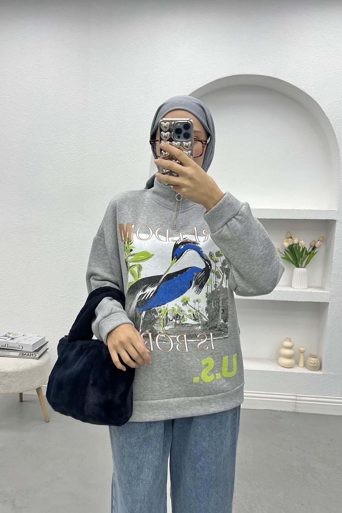 Baskılı Üç İplik Sweatshirt Gri