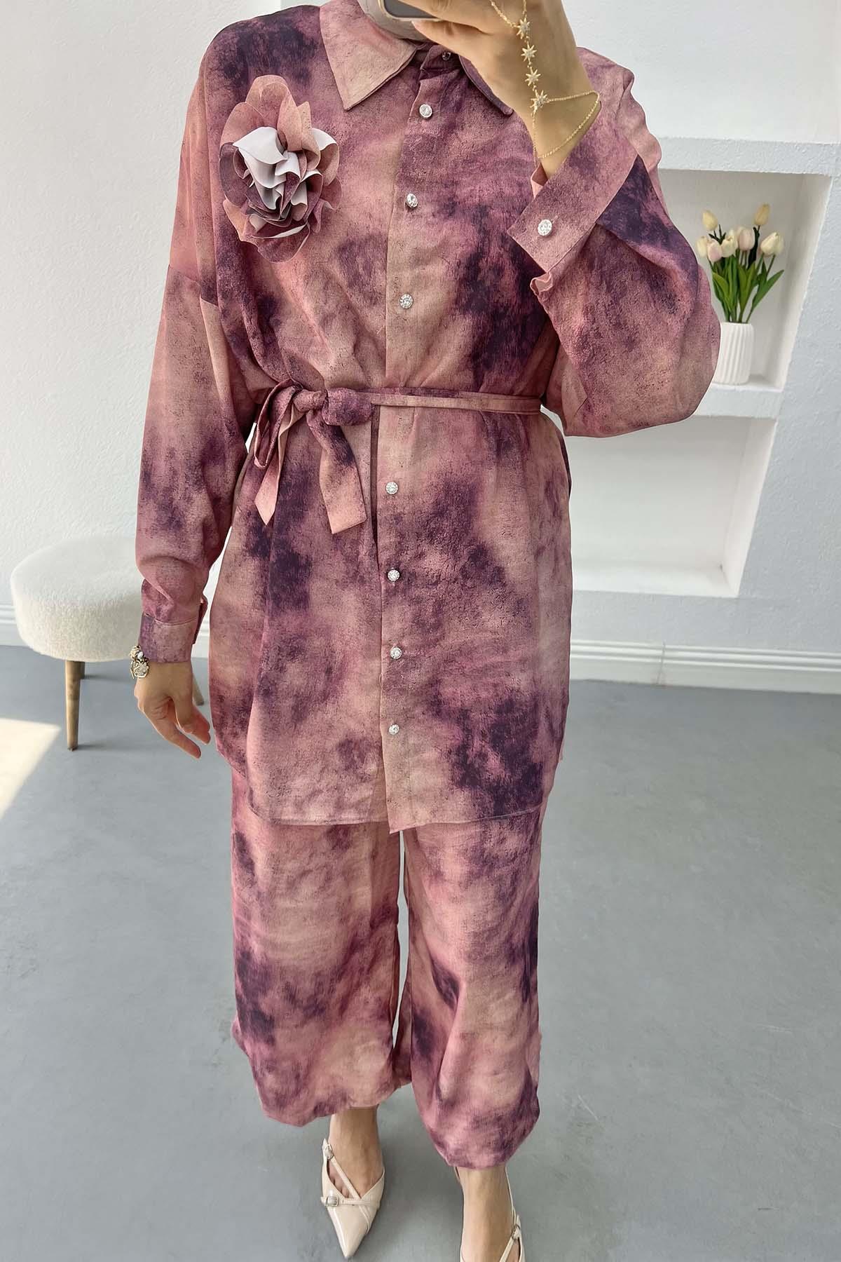 Batik Desen Broşlu Takım Mürdüm