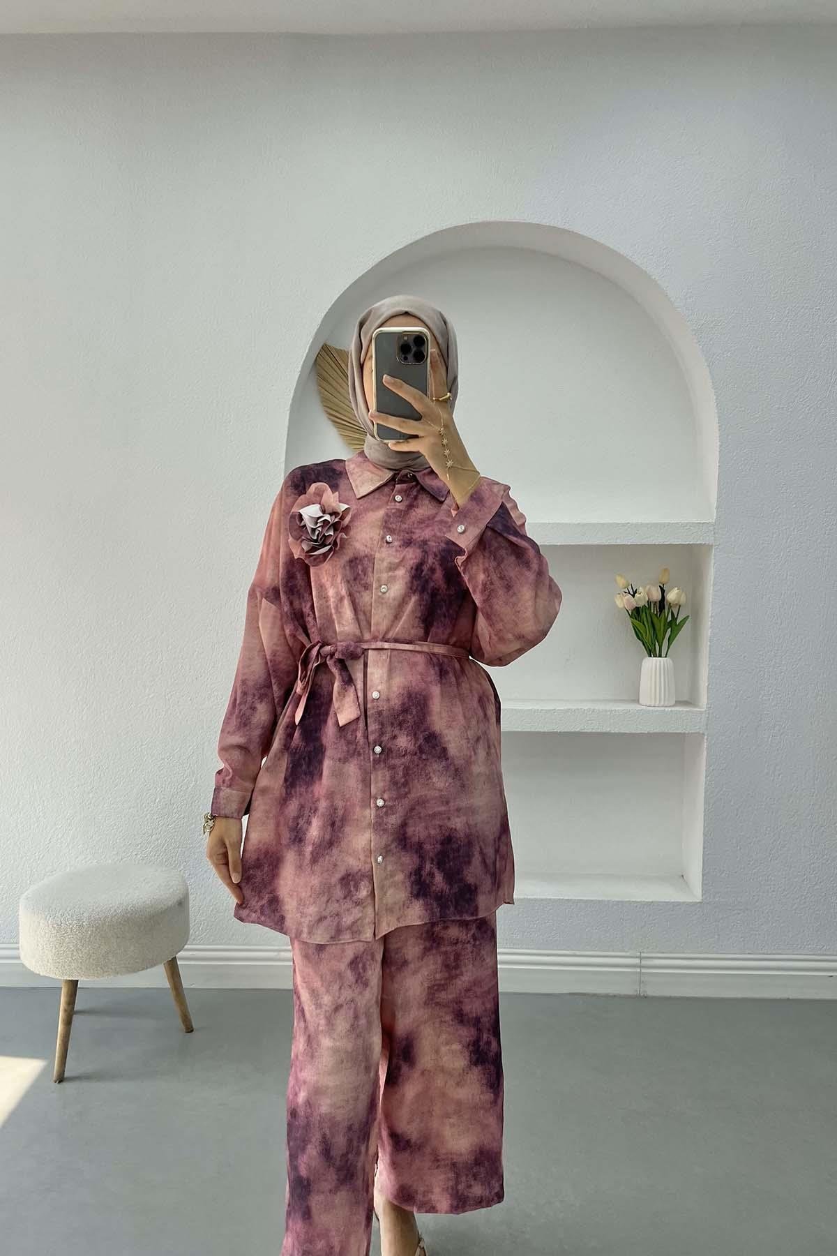 Batik Desen Broşlu Takım Mürdüm
