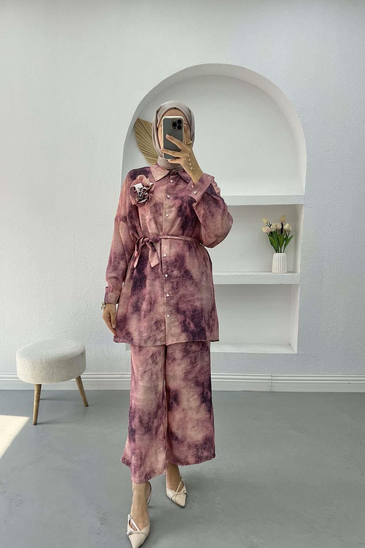 Batik Desen Broşlu Takım Mürdüm