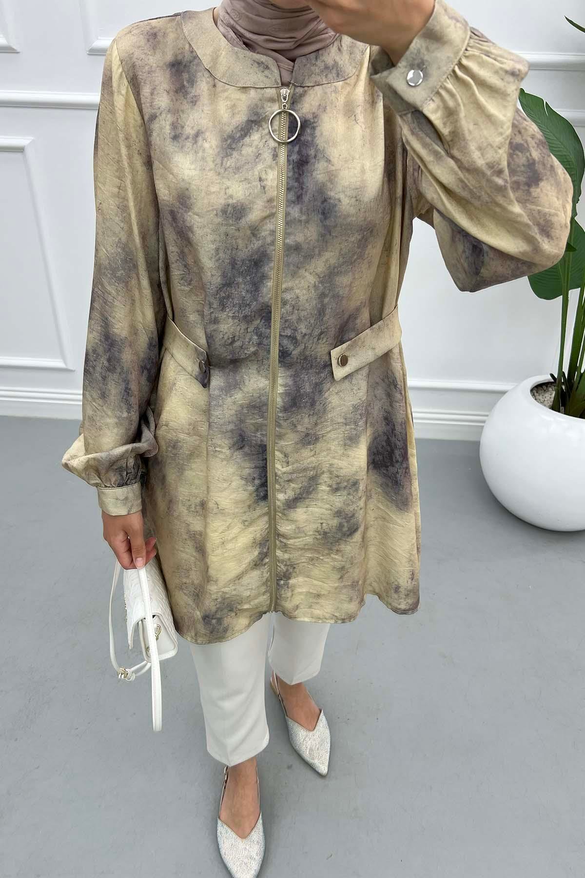 Batik Desen Fermuarlı Tunik Mürdüm