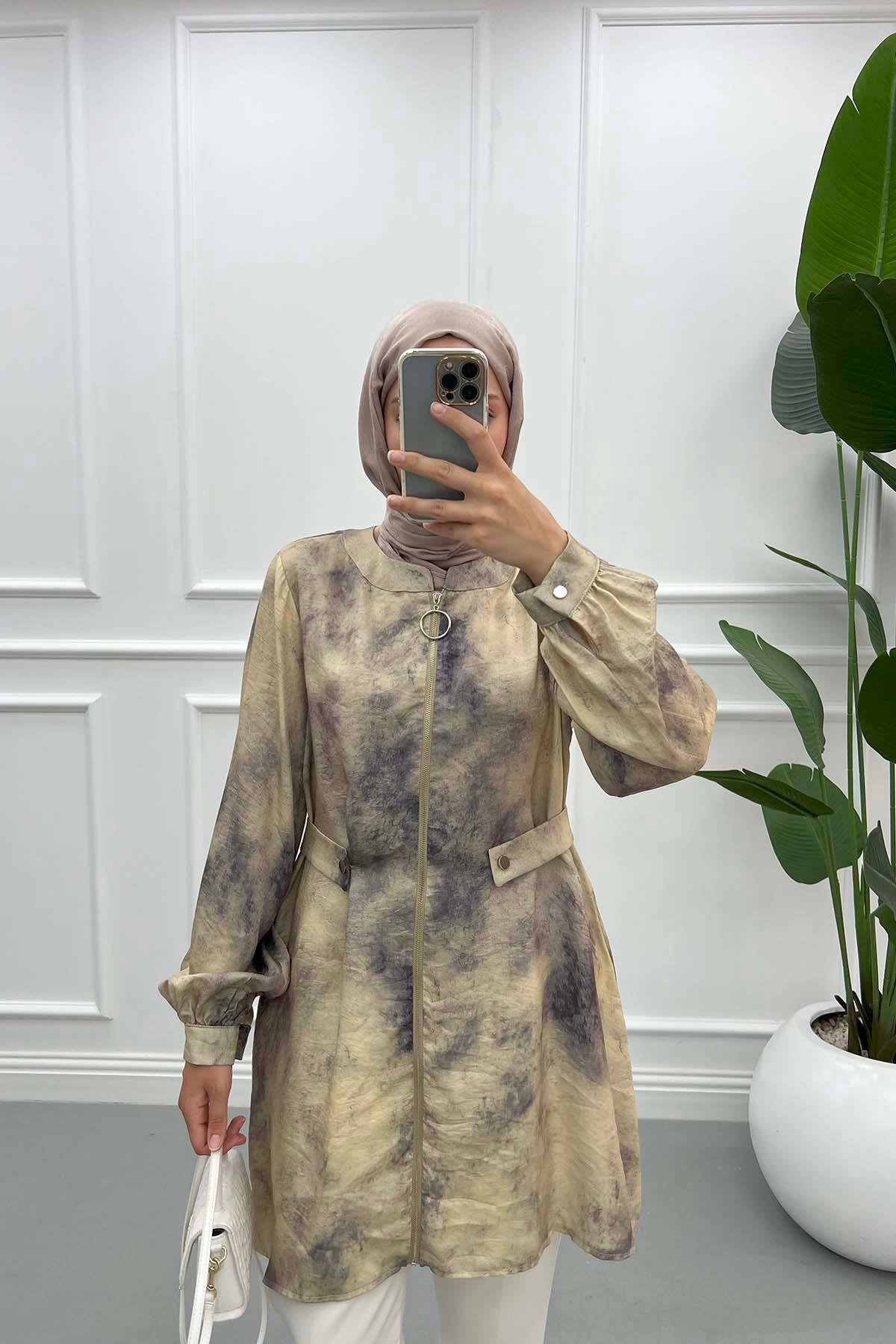 Batik Desen Fermuarlı Tunik Mürdüm
